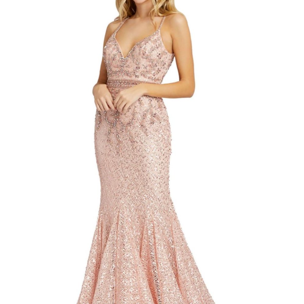MAC DUGGAL BEADED LACE BODICE TRUMPET BLUSH GOWN sz 10